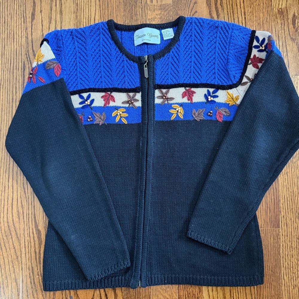 Sharon Young Sportswear Vintage Zip Front Sweater Blue Embroidered Size Small